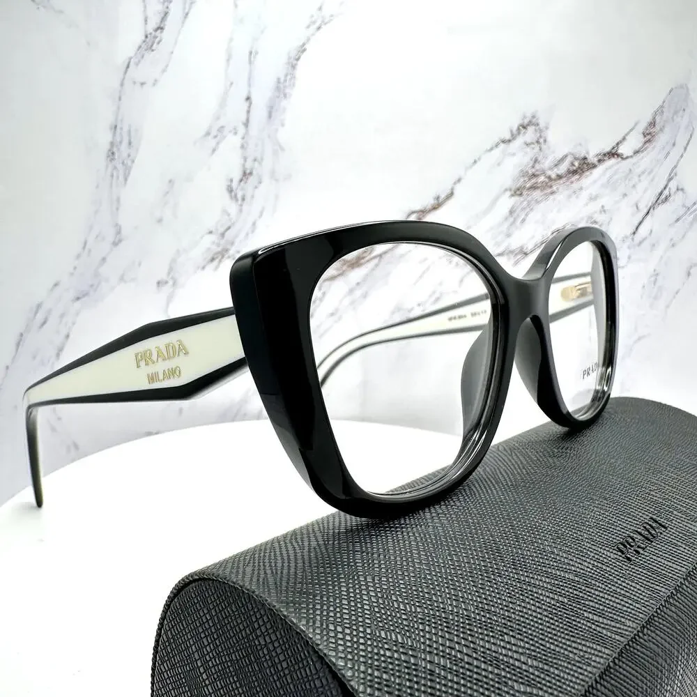 New PRADA Eyeglasses Cat Eye Black White Gold 53-17-140 Womens
